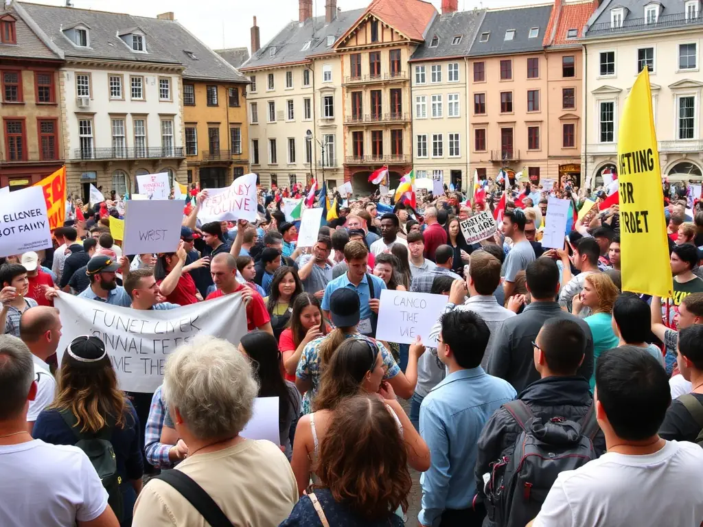 A community gathering in a public square with banners.