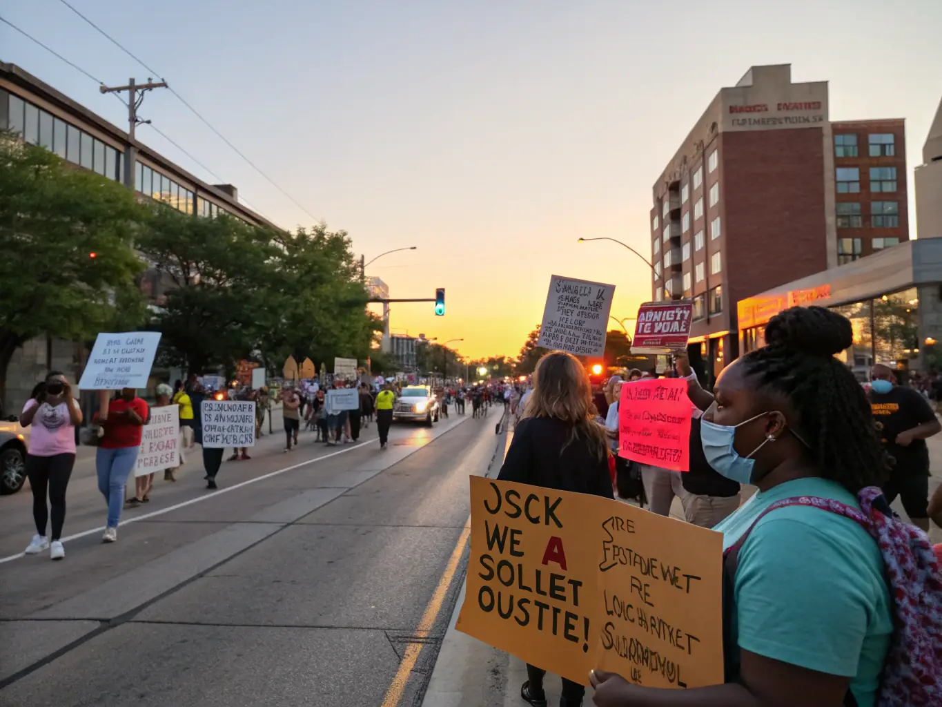 A photograph depicting a diverse group of people holding signs at a peaceful protest, symbolizing collective action and civic engagement. The scene should convey a sense of unity and determination.