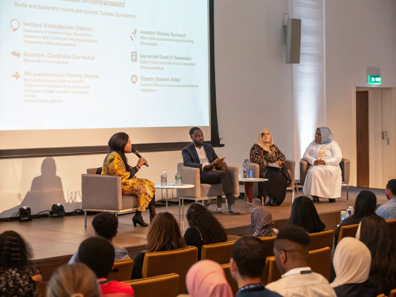 A photograph showcasing a panel discussion on civic engagement and cultural identity, featuring prominent speakers and engaged audience members, highlighting France Vigilante's commitment to fostering dialogue and critical thinking.